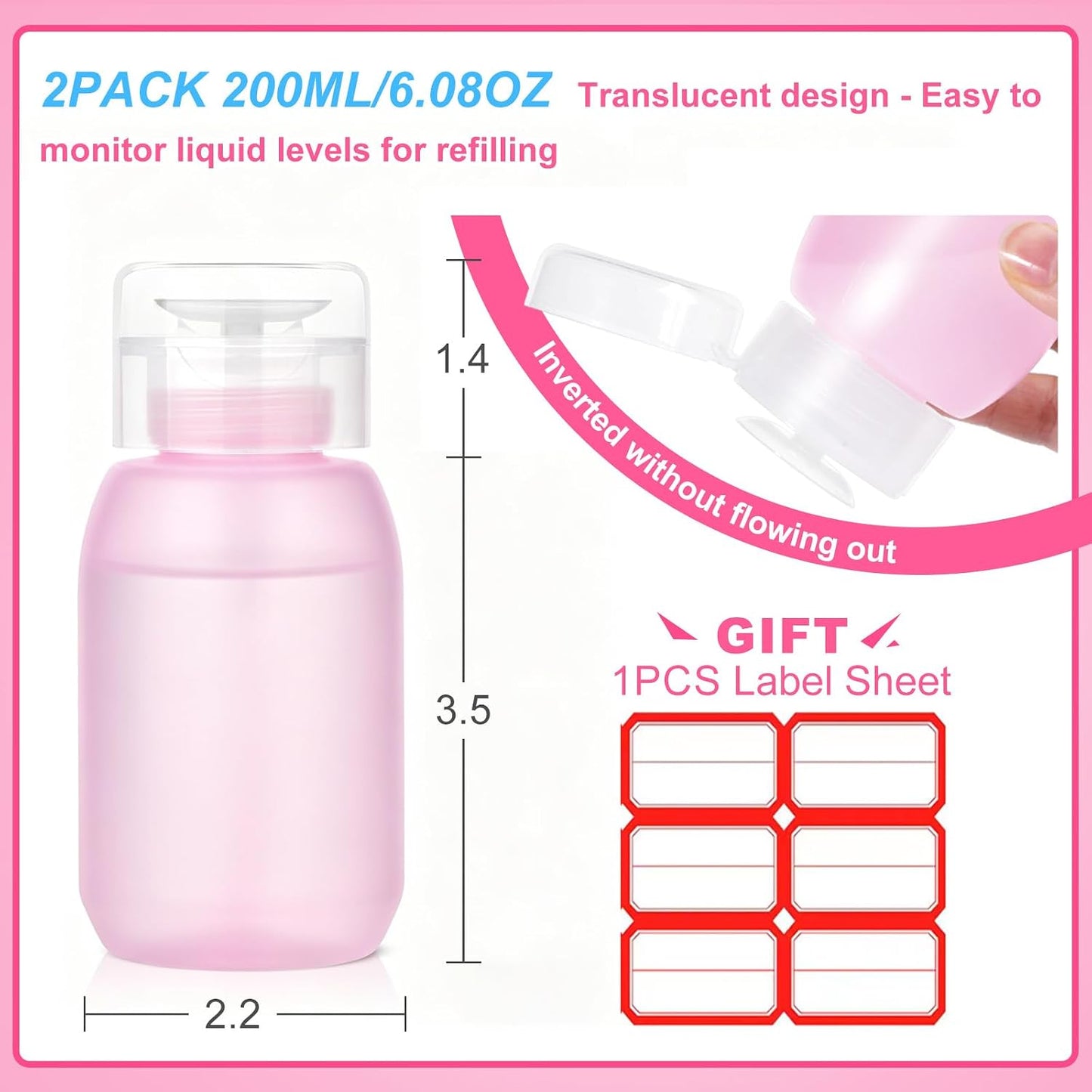 Acetone Pump Dispenser - One-Touch Nail Polish Remover & Makeup Pump Bottle | 200ML (6.8oz) - 2 Pack