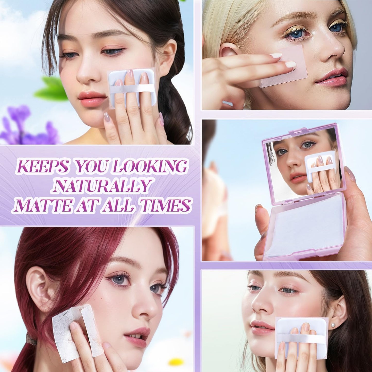 BOROLA 3-in-1 Oil Blotting Paper Set for Face 100 Sheets Oil Absorbing Sheets with Portable Mirror & Adhesive Makeup Puff, Blotting Papers for Oily Skin, Design for Men & Women(Purple)