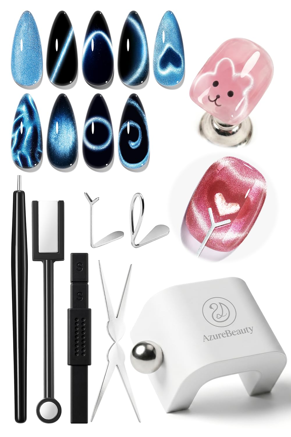 Cat Eye Magnet Nail Art Tools - 14PCS Powerful Gel Polish Magnet Set for DIY Glassy Effects | Heart/French/Black Hole Designs