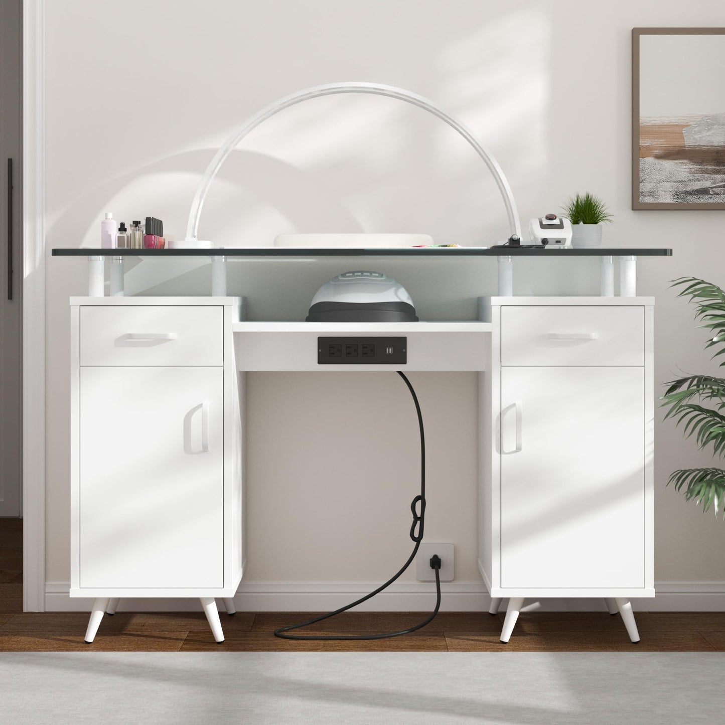 NAIYUFA Manicure Table with Power Outlet,White Nail Desk for Nail Tech, Glass Top Salon Station with 2 Drawers and Cabinets