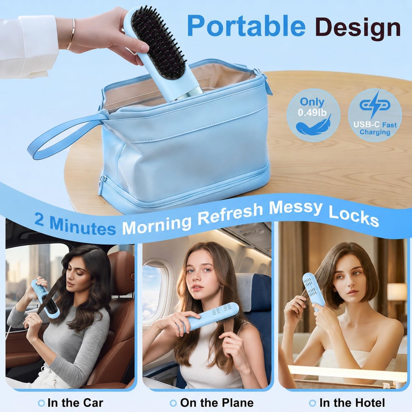 Cordless Hair Straightener Brush - 5-in-1 Portable Ionic Tool for Frizz-Free Styling | Rechargeable, Fast Heating, Anti-Scald Design