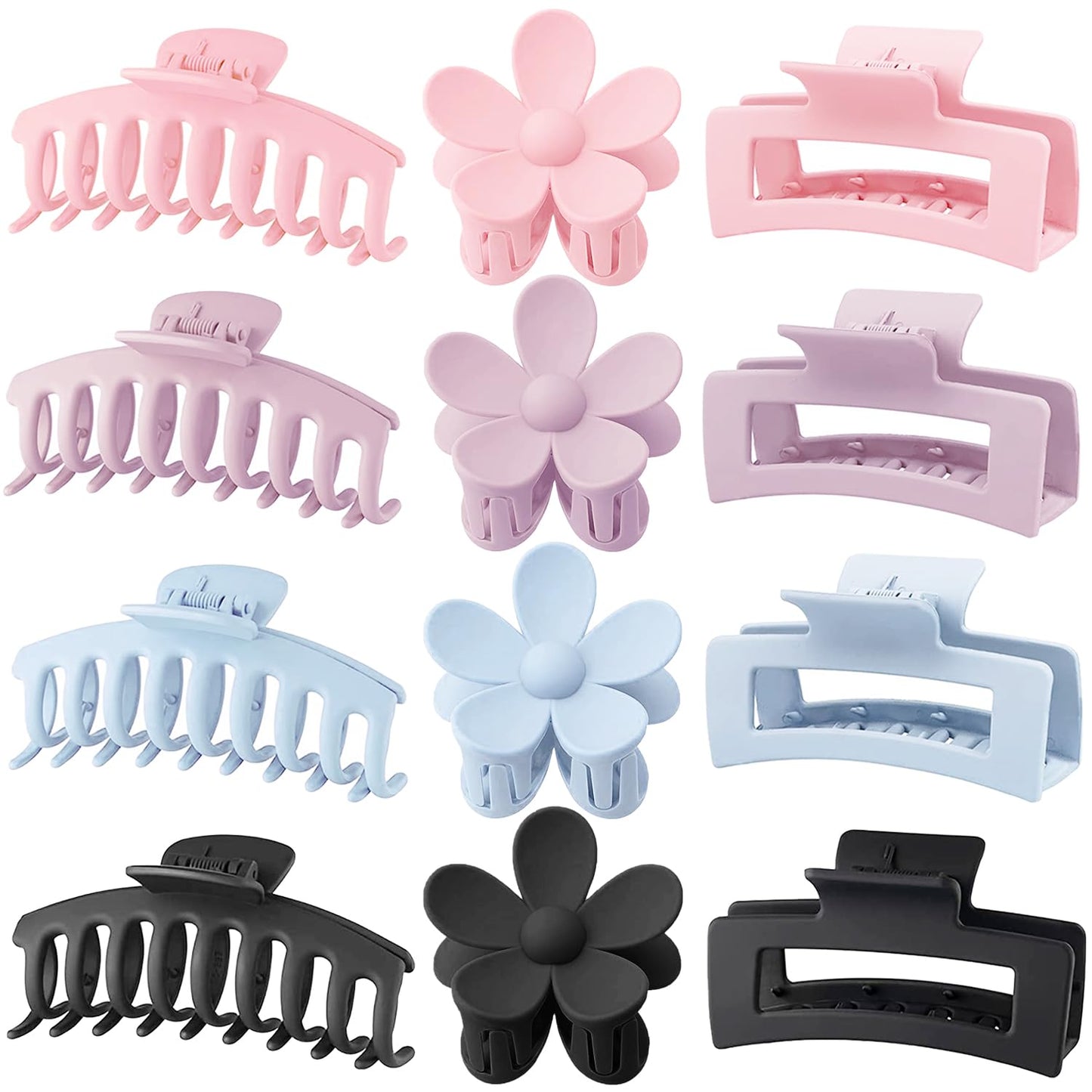 Large Hair Claw Clips - 12 Pack Flower & Square Clips for Thick Hair | Strong Hold & Matte Finish