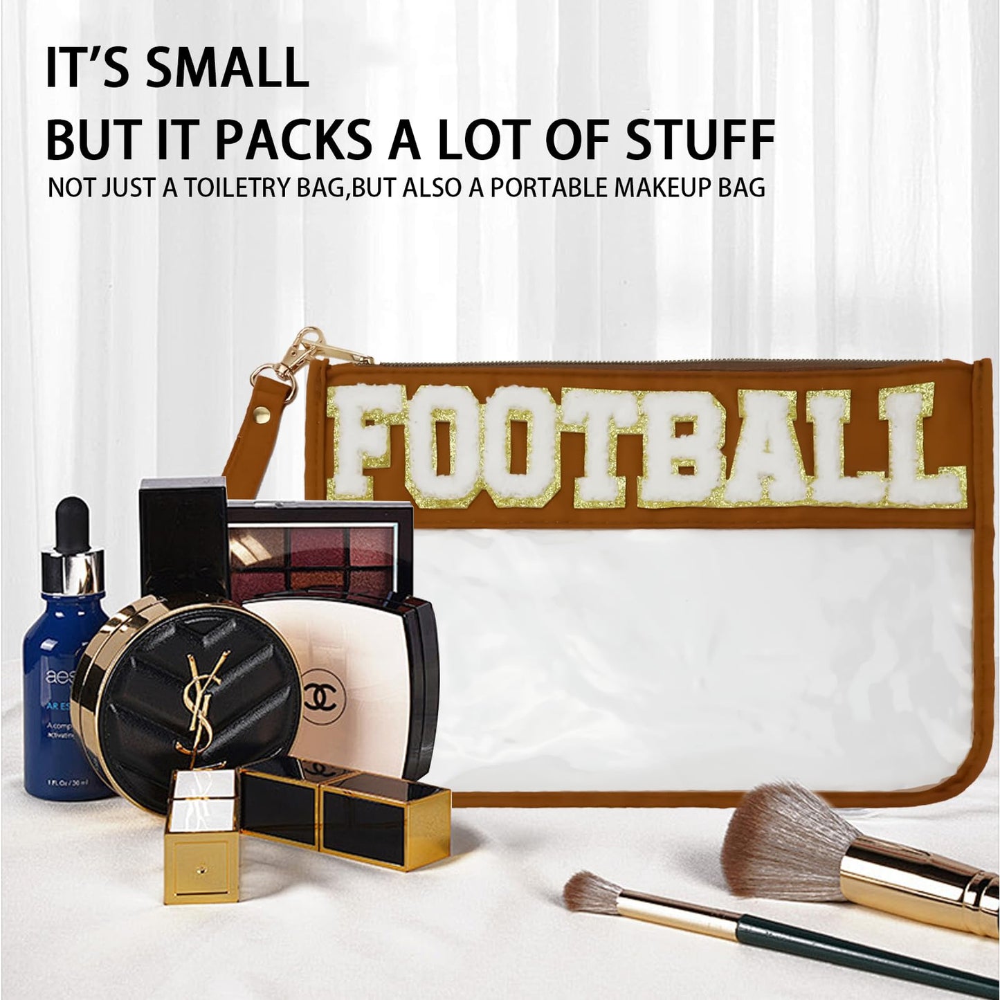 SUILU 2 Pcs Football Gifts Makeup Bag with Chenille Letter Patch,with Handles PVC Waterproof Clear Makeup Bag,Portable Toiletry Storage Bag,Players & Fans Birthday, Team or Sports Lover Presents