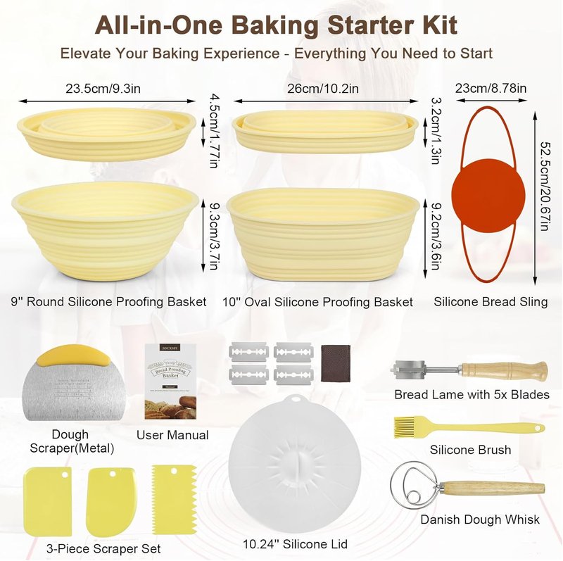 Silicone Sourdough Starter Kit - Upgraded 9" Round & 10" Oval Banneton Bread Proofing Basket | Non-Stick, Foldable Design with Baking Tools