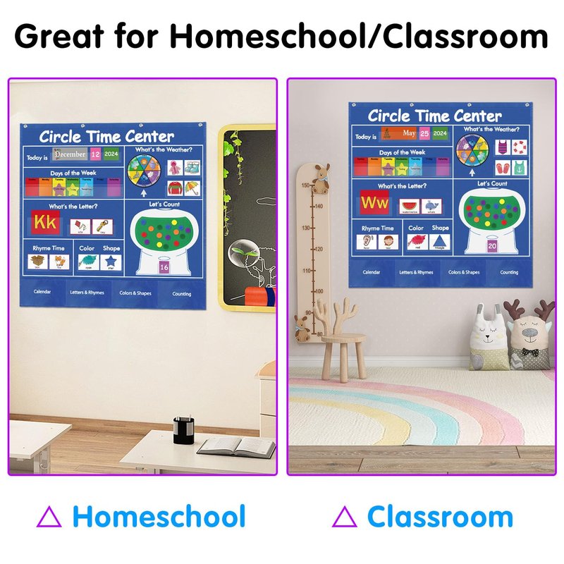 BOHEMIABY Circle Time Learning Center Classroom Pocket Chart Preschool, Educational Pocket Chart Teaching Materials, Learning Calendar Weather Counting Letter Color Shape (circle time learning center)