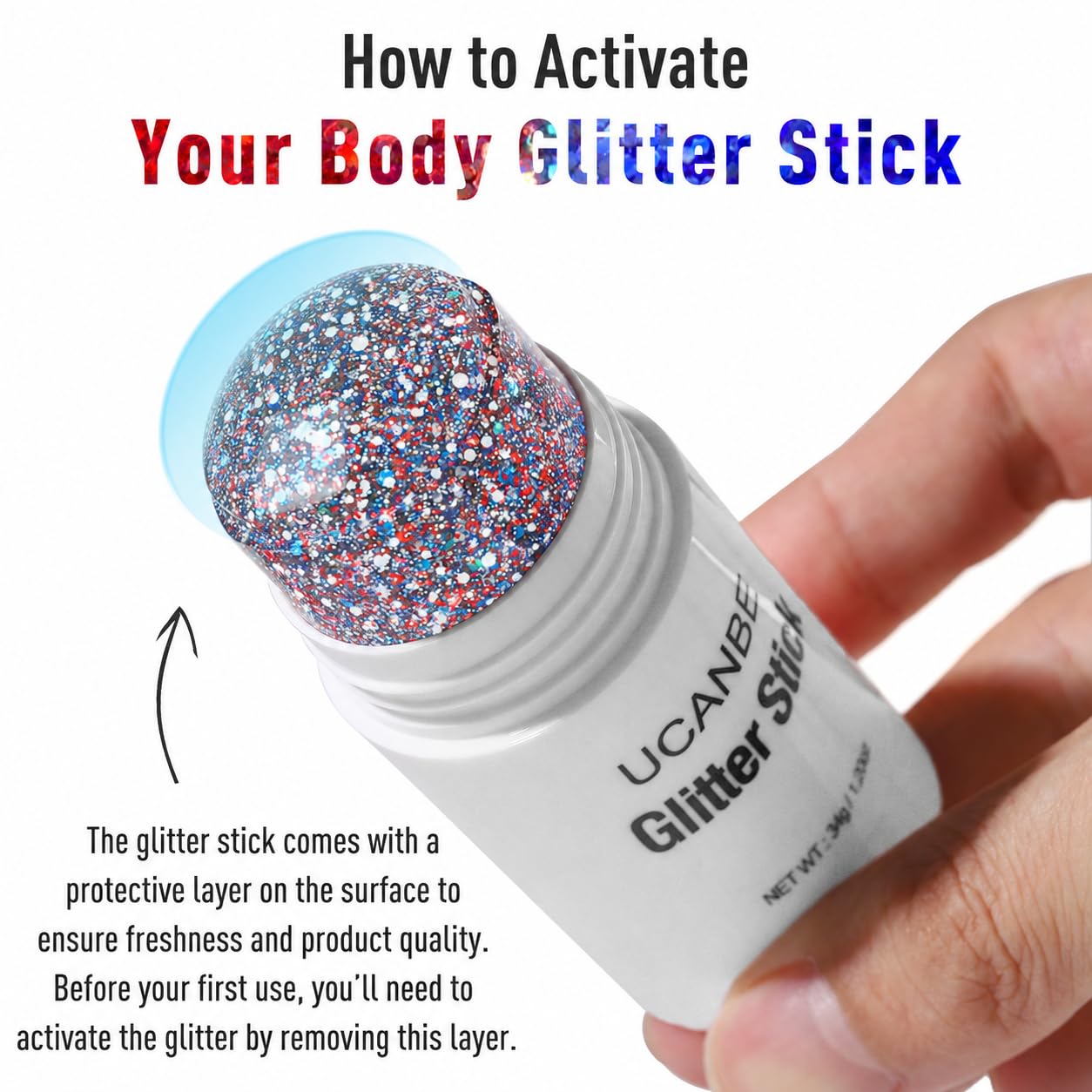 UCANBE Red White Blue Body Glitter Stick for Fourth of July Singer Concerts Music Festivals, Face Glitter Makeup for Face Body Hair Eyes & Lips, Chunky Glitter for Women 1.2OZ