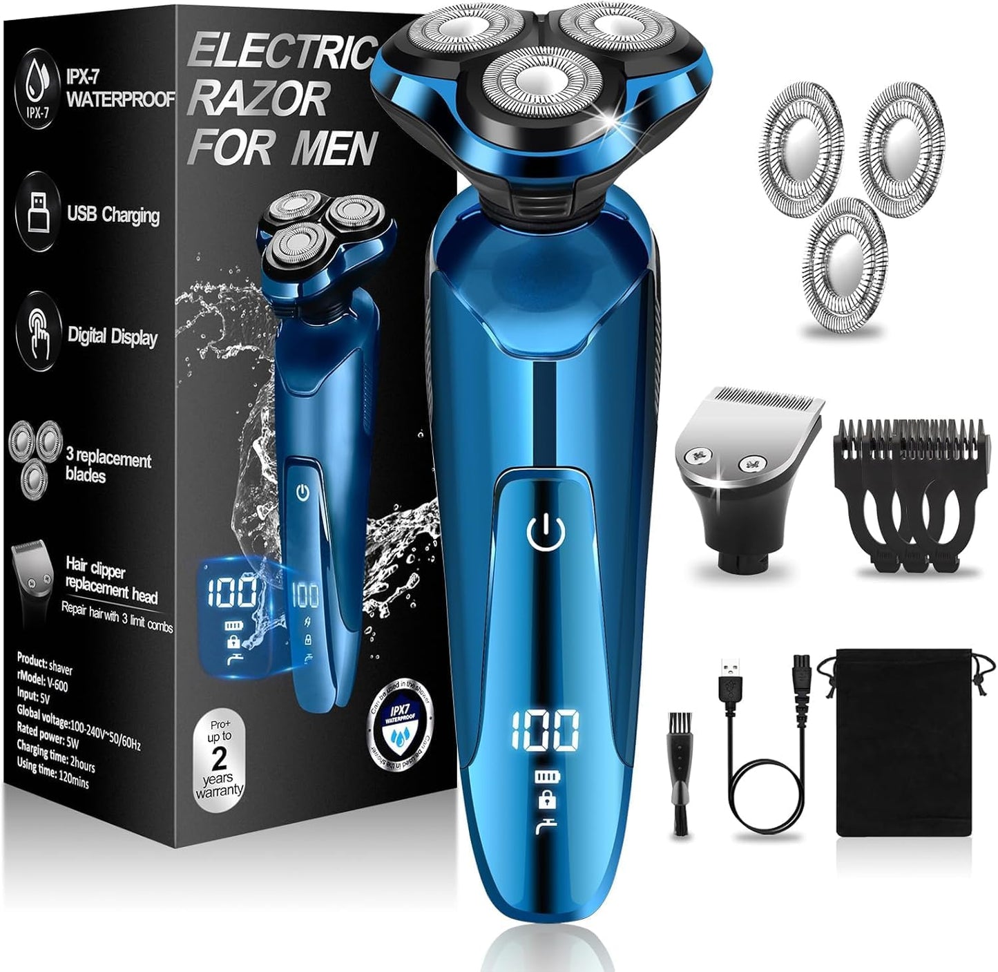 Electric Razor for Men - Rechargeable LED Display Shaver with IPX7 Waterproof Floating Head | Replaceable Blades