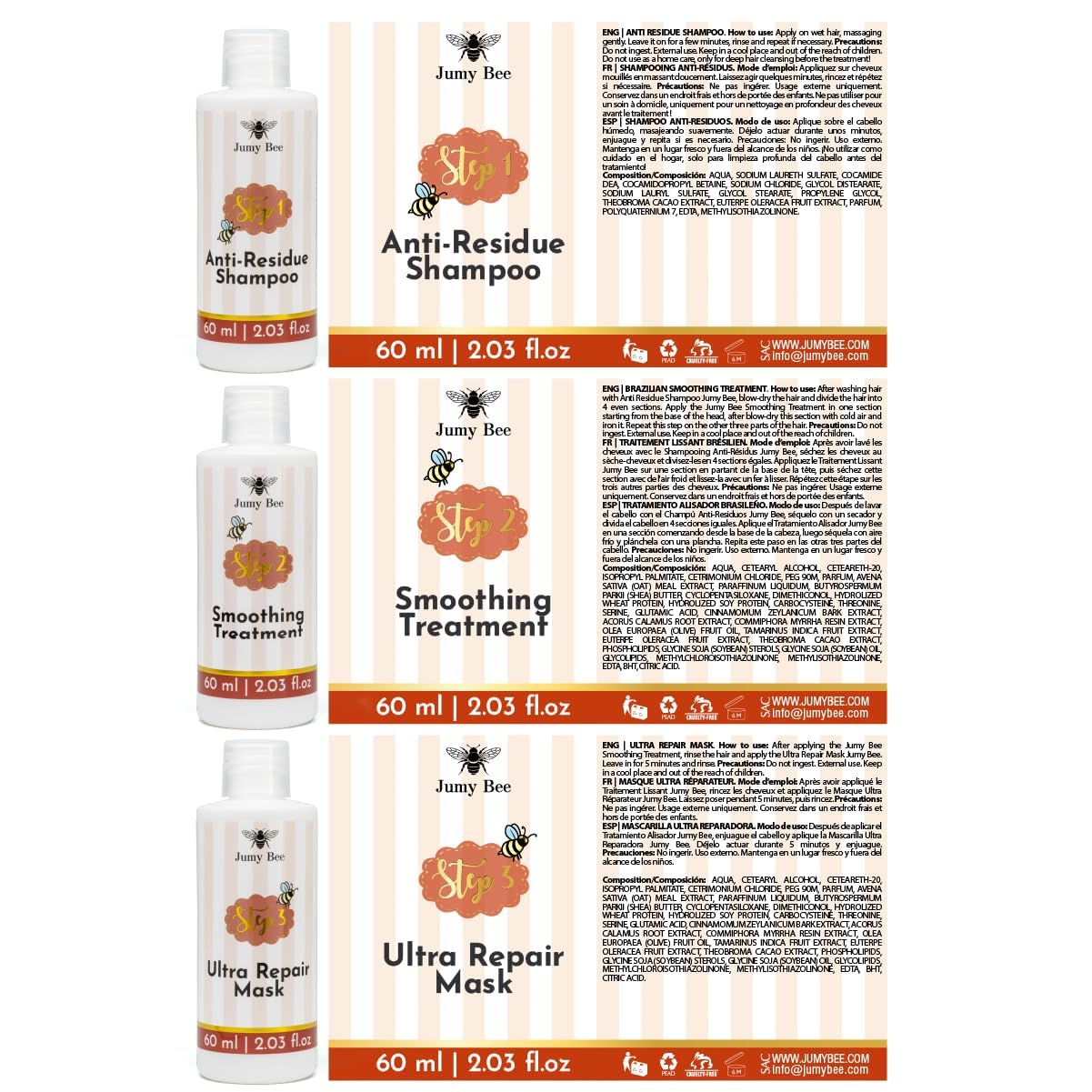 Keratin Hair Treatment Set 2.03 Fl Oz JUMY BEE – At-Home Keratin Hair Mask Treatment with Shampoo, Conditioner – Shea, Acai – Formaldehyde-Free, Frizz Control, All Hair Types