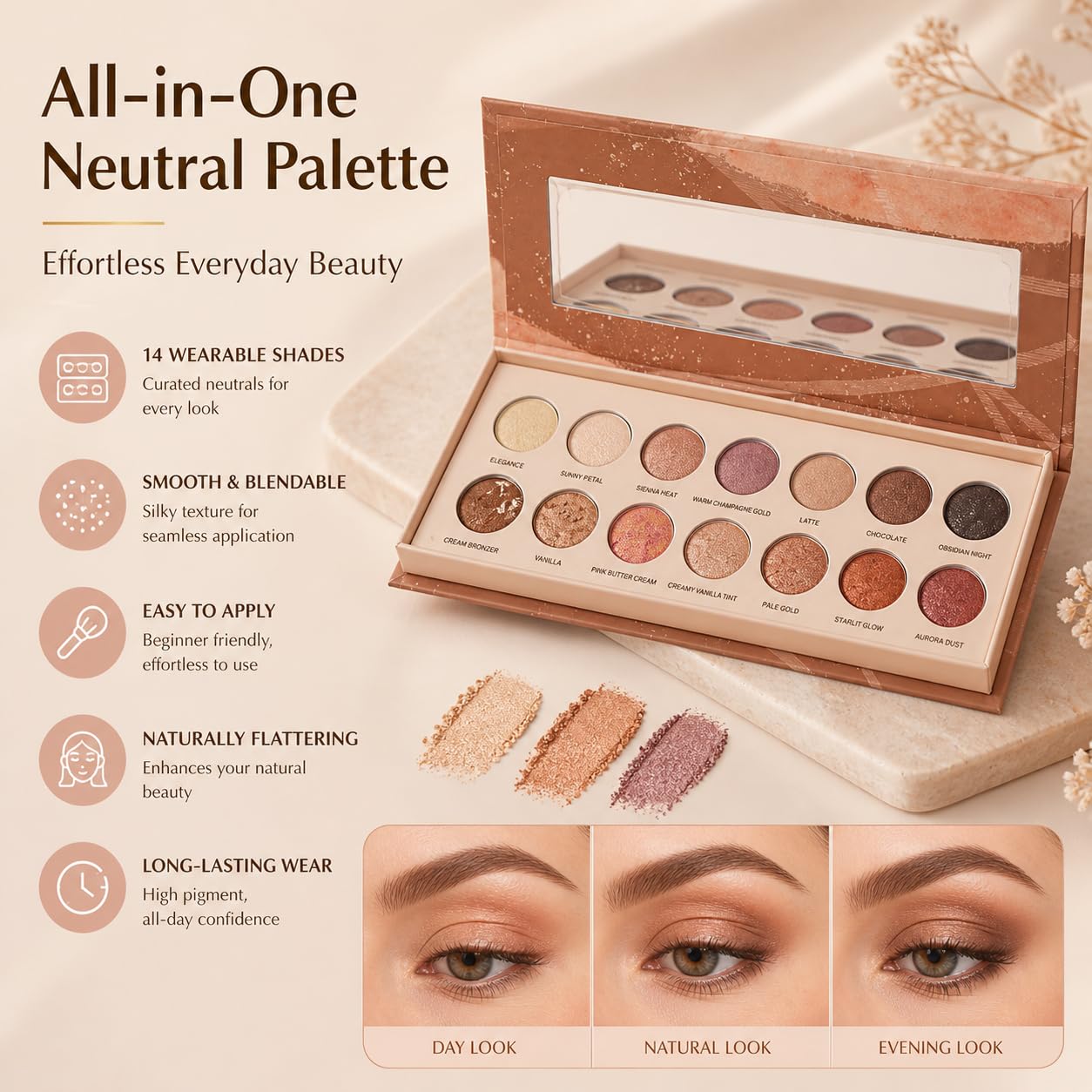 Neutral Eyeshadow Palette - High Pigment Blendable Matte & Shimmer Shades | Long-Lasting Eye Makeup for Everyday Use