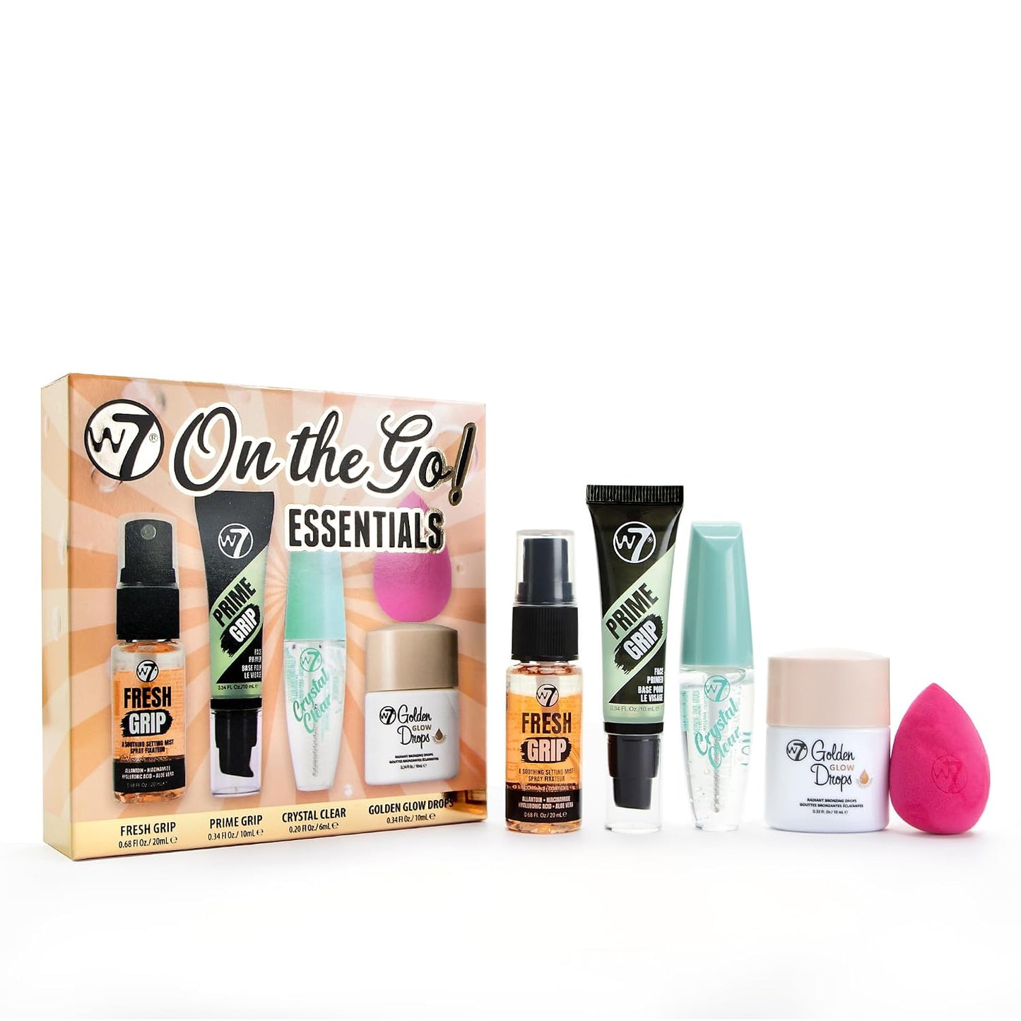 W7 On the Go Cuties Set | Mini Makeup Essentials with Primer, Mascara & Setting Spray - Travel Size Beauty Kit