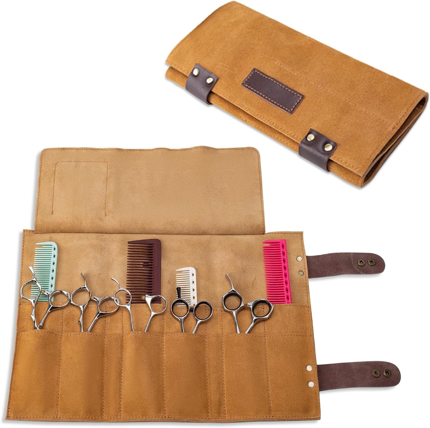 Hair Stylist Scissor Holder Pouch - Real Leather Organizer Bag for Salon Tools | Brown