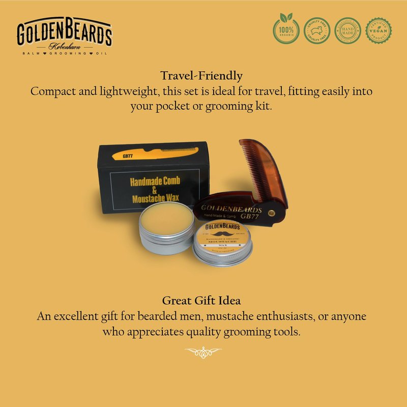 Golden Beards Mustache Wax with GB-77 Folding Comb – Organic & Natural Styling Wax for Men – Strong Hold, Vegan, Cruelty-Free Grooming Kit