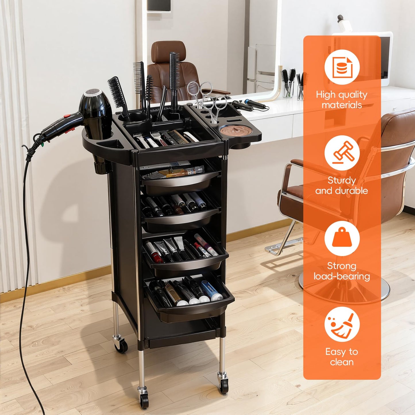 Salon Trolley Cart, 6-Layer Hair Stylist Cart with Wheels,Portable Salon Station Rolling Storage Trolley with Worktop Trays for Barbering or Hairstyling Beauty SPA Tattoo Service (Black)