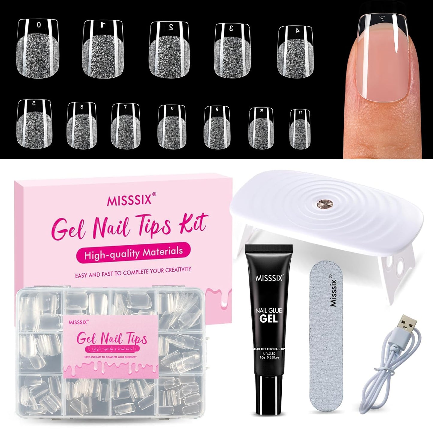 Almond Gel Nail Tips Kit - 216 Pre-Etched Clear Fake Nails | 9-in-1 Gel Glue & Mini UV Lamp for Women, 12 Sizes