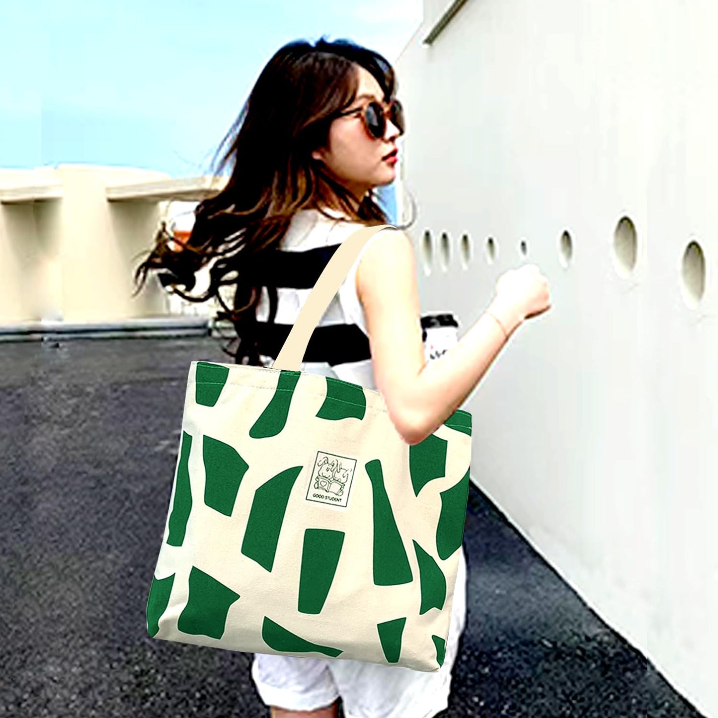 1Pack Canvas Tote Bag, Reusable Grocery Shopping Bag, Top Zipper Closure, Daily Essentials green A