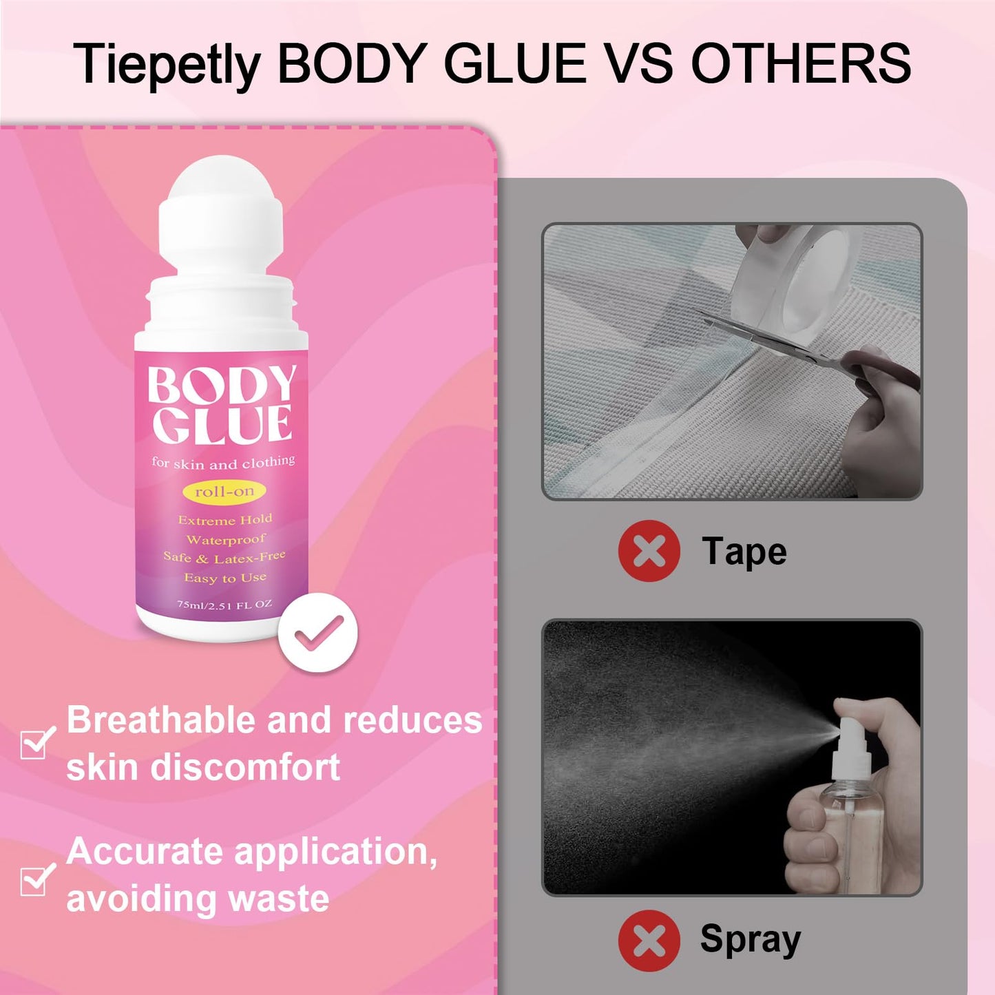 Strong Hold Body Glue for Skin and Fabric, Roll On Clothing Adhesive for Dresses and Dance Costumes, Sweat Resistant Fashion Glue for Socks, Strapless Tops, Performance Wear, 75ml (75ml)