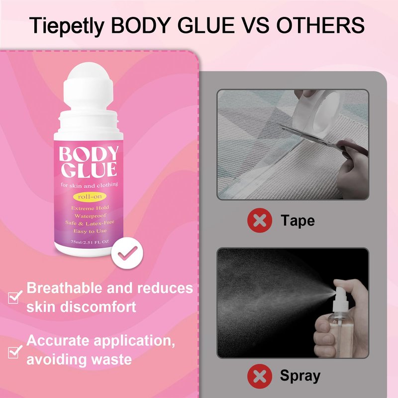 Strong Hold Body Glue for Skin and Fabric, Roll On Clothing Adhesive for Dresses and Dance Costumes, Sweat Resistant Fashion Glue for Socks, Strapless Tops, Performance Wear, 75ml (75ml)