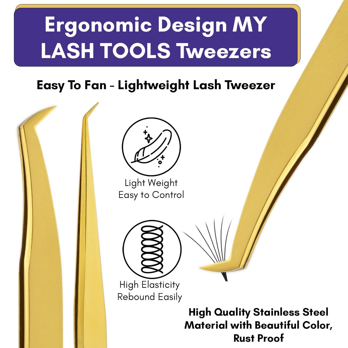 2pcs Fiber Tip Lash Tweezer Set – Boot Mega Volume Tweezer & Straight Isolation Tweezer, Precision Stainless Steel Lash Extension Tools, Non-Slip Grip, Tweezers for Classic & Volume Fans (Gold)