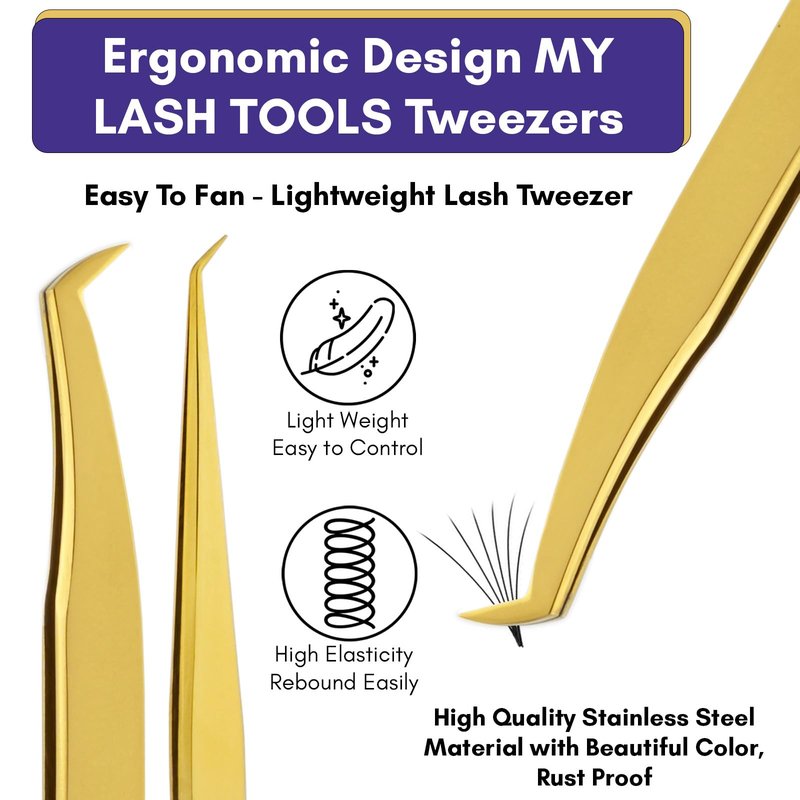 2pcs Fiber Tip Lash Tweezer Set – Boot Mega Volume Tweezer & Straight Isolation Tweezer, Precision Stainless Steel Lash Extension Tools, Non-Slip Grip, Tweezers for Classic & Volume Fans (Gold)