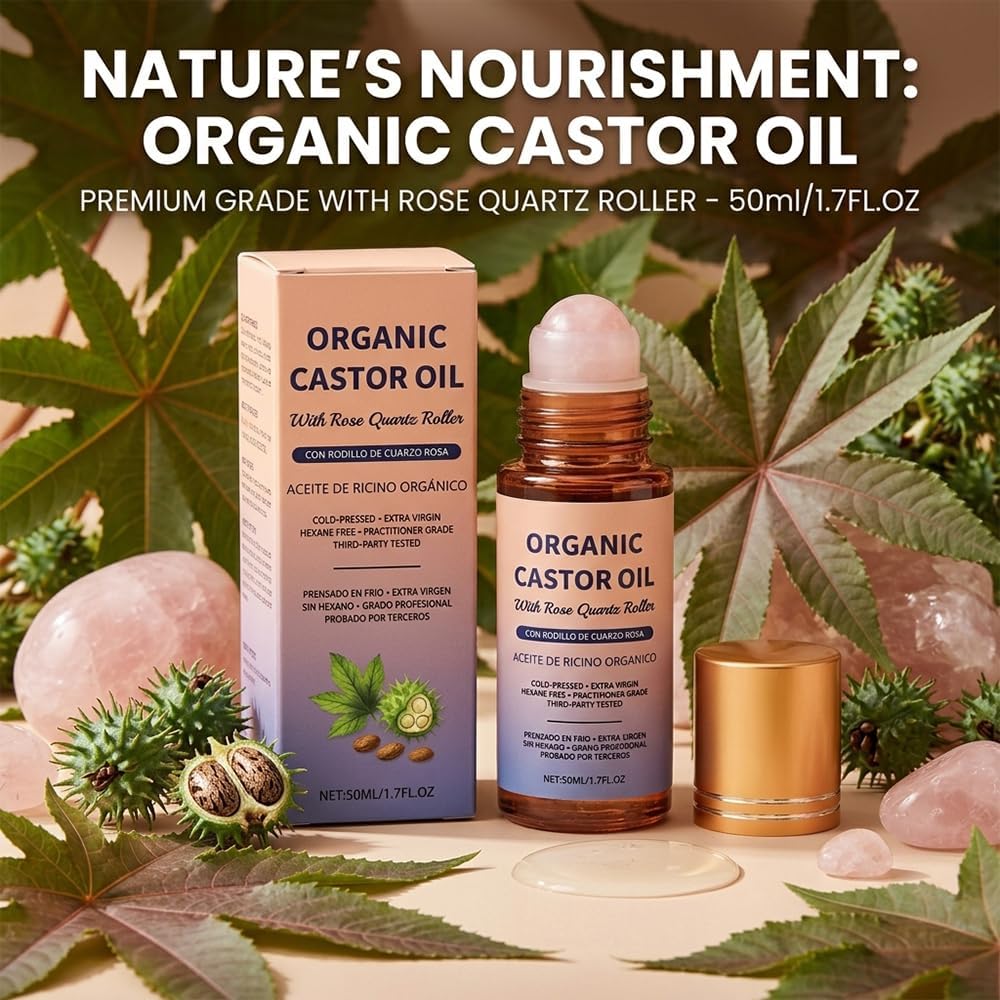 Organic Castor Oil Roll-On with Rose Quartz Roller - 100% Cold Pressed Moisturizer for Face & Body, 1 Pc