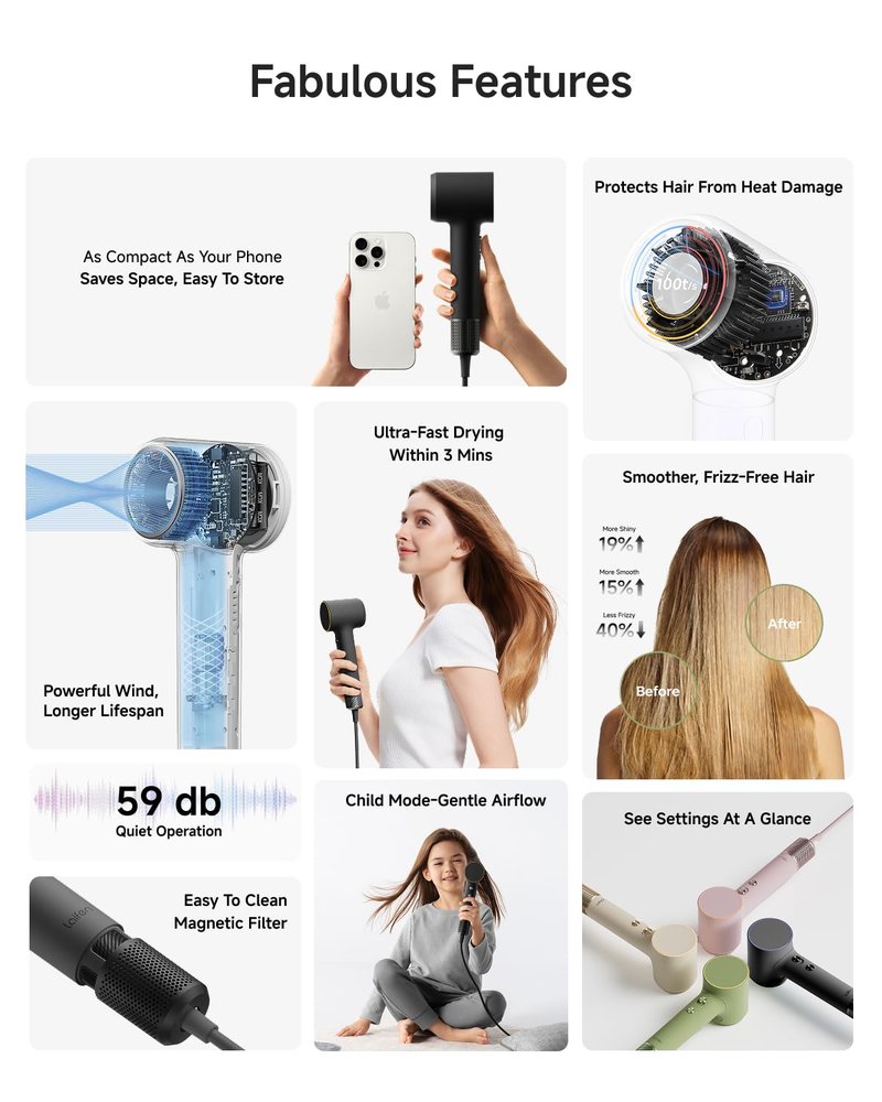 Laifen MINI Hair Dryer, Lightweight and Compact High Speed 200M Ionic Blow Dryer with 110, 000 RPM Powerful Motor for Fast Drying, Low Noise, Hairdryer with Magnetic Nozzle, Child Mode, HD310