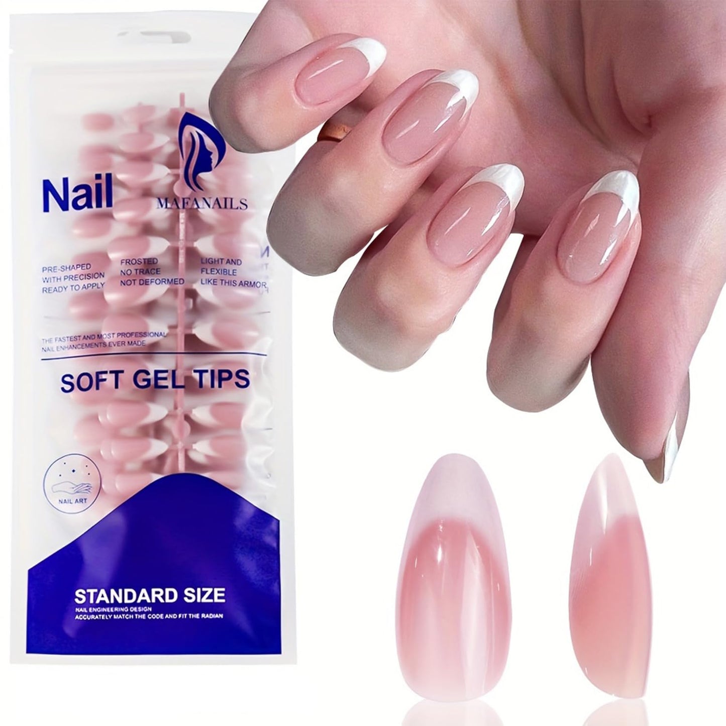 120 Pcs French Tip Press on Nails Almond Shape, Nude Pink White Full Cover False Nails, Medium Length Glossy Artificial Nails for Women DIY Manicure