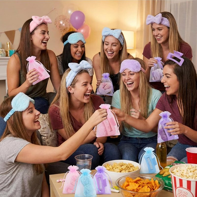 Spa Party Supplies - 48 Pcs Sleepover Essentials with Plush Eye Mask & Headband | Pink, Blue, Purple
