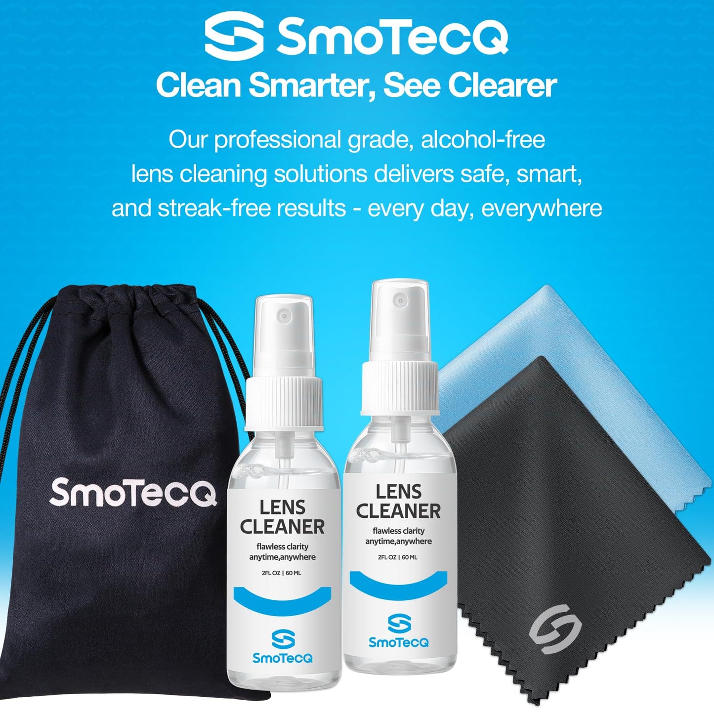 SmoTecQ Glasses Cleaner Kit – Alcohol-Free, Plant-Based Spray + Ultra-Soft Microfiber Cloths for Eyeglasses, Screens & Cameras – 2 x 2oz Spray Bottles + 2 Cloths + Travel Pouch Set