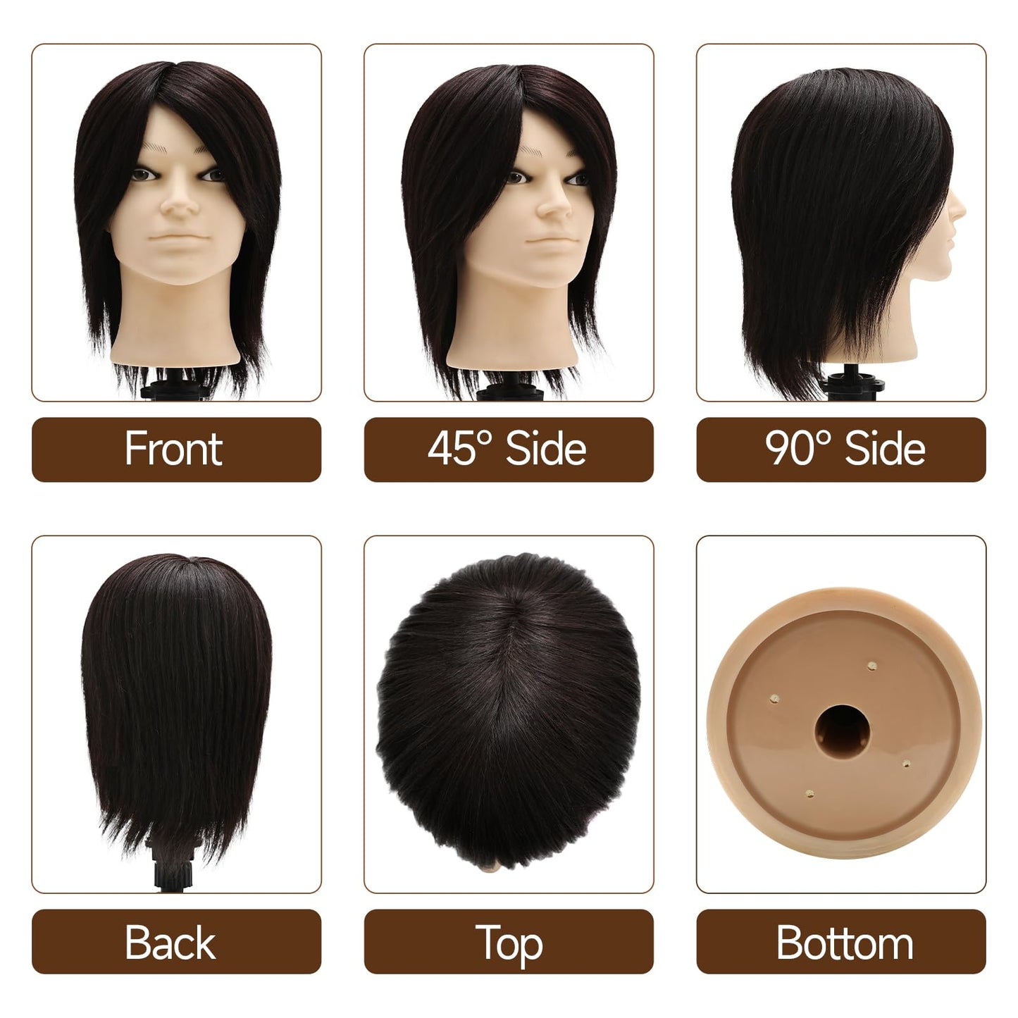 Male Mannequin Head, 8" Barber Mannequin Head, 100% Real Black Hair Head with Table Clamp, Professional Cosmetology Hairdresser Training Doll Manikin Head for Practicing Hair Cutting and Styling