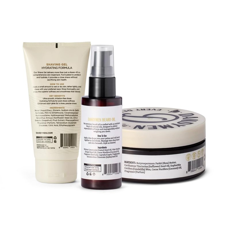 DandyMen Beard Grooming Set for Men – Beard Oil, Beard Butter & Shaving Gel – Obsidian Cardamom Scent – Hydrating & Softening Kit for Growth & Styling – 3-Piece Set