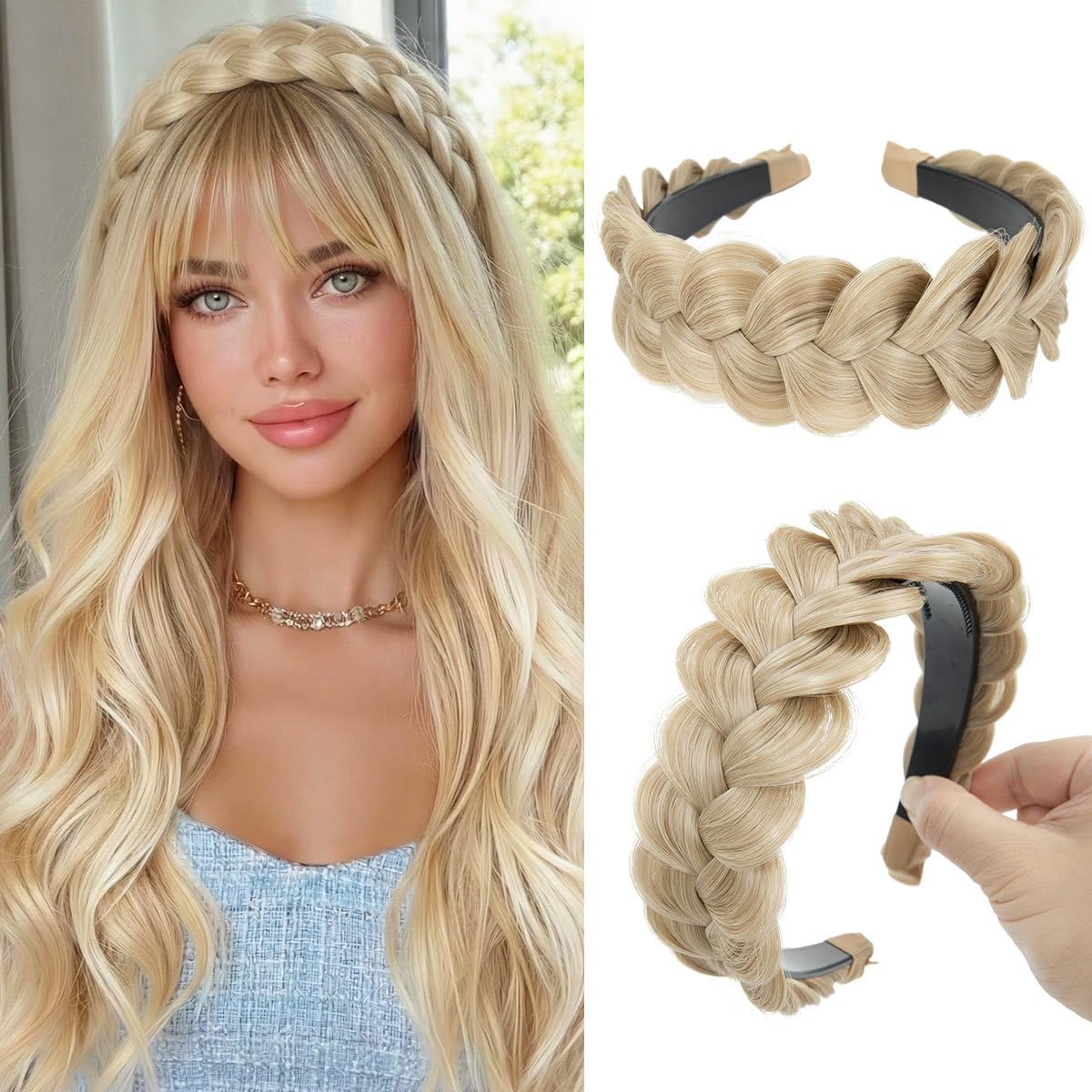 Braided Headbands for Women - Handmade Synthetic Hair Hoops with Teeth | Sand Color, 1PC