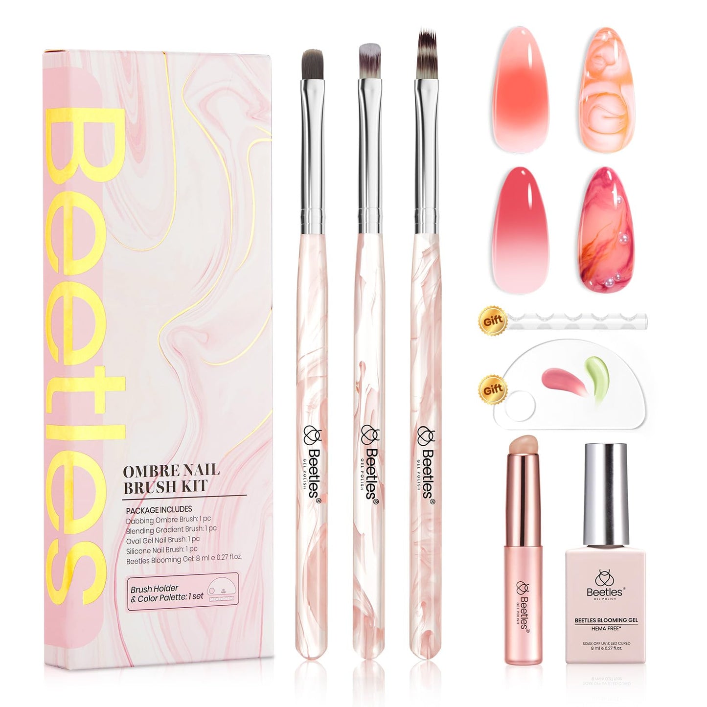Beetles Blooming Gel and Nail Art Brushes Set - Ombre Nail Brush Gradient Stipple Clean Up Fingernail Art Pens and Silicone Dotting Tool for Gel Polish Marble Blush Chrome DIY Manicure Designs