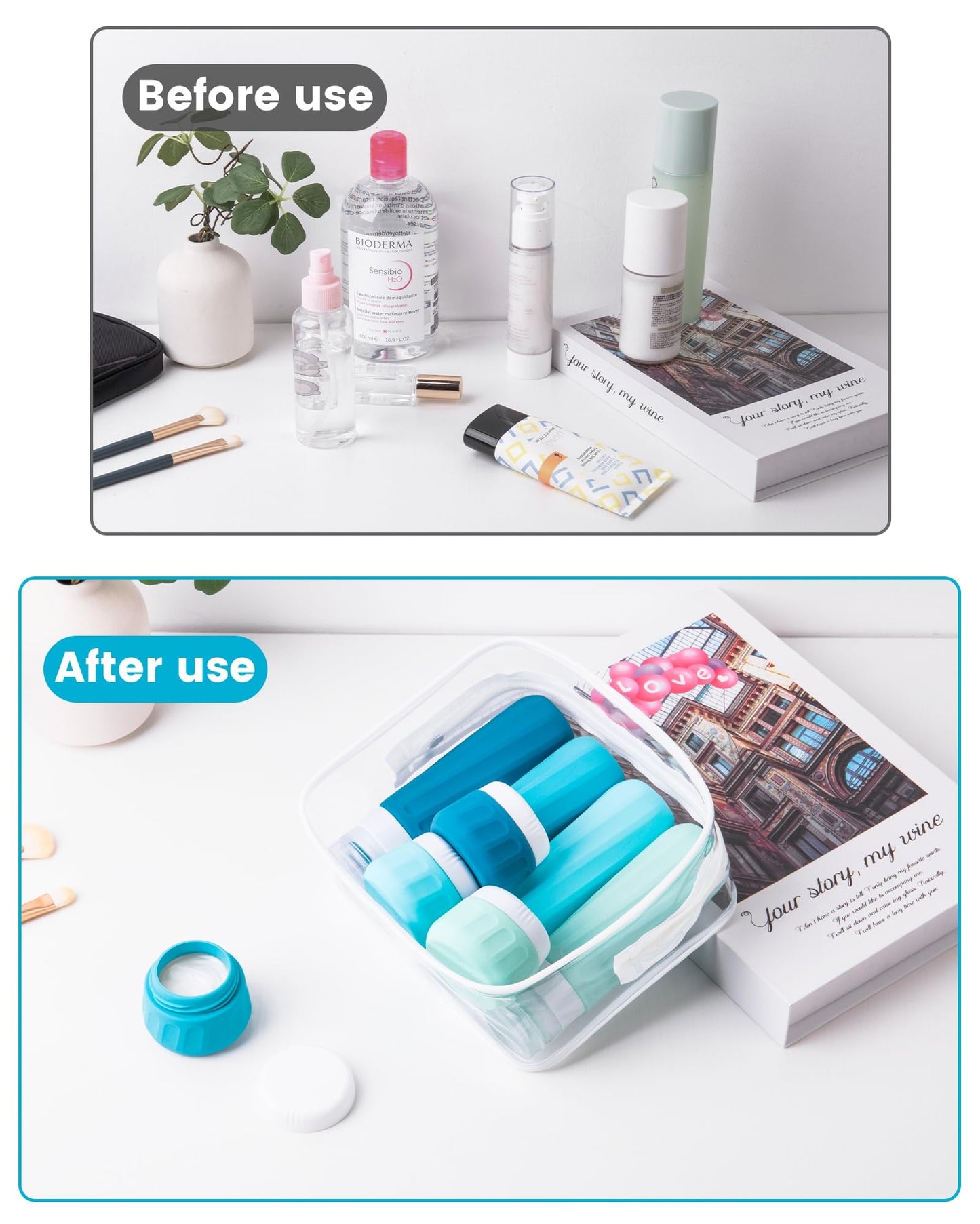 Mrsdry Travel Bottles for Toiletries, Travel Size Toiletries 10 Pack, Tsa Approved Travel Size Containers 3oz, with Travel Essentials Clear Bag, Leak Proof Silicone Squeezable Creams Jars