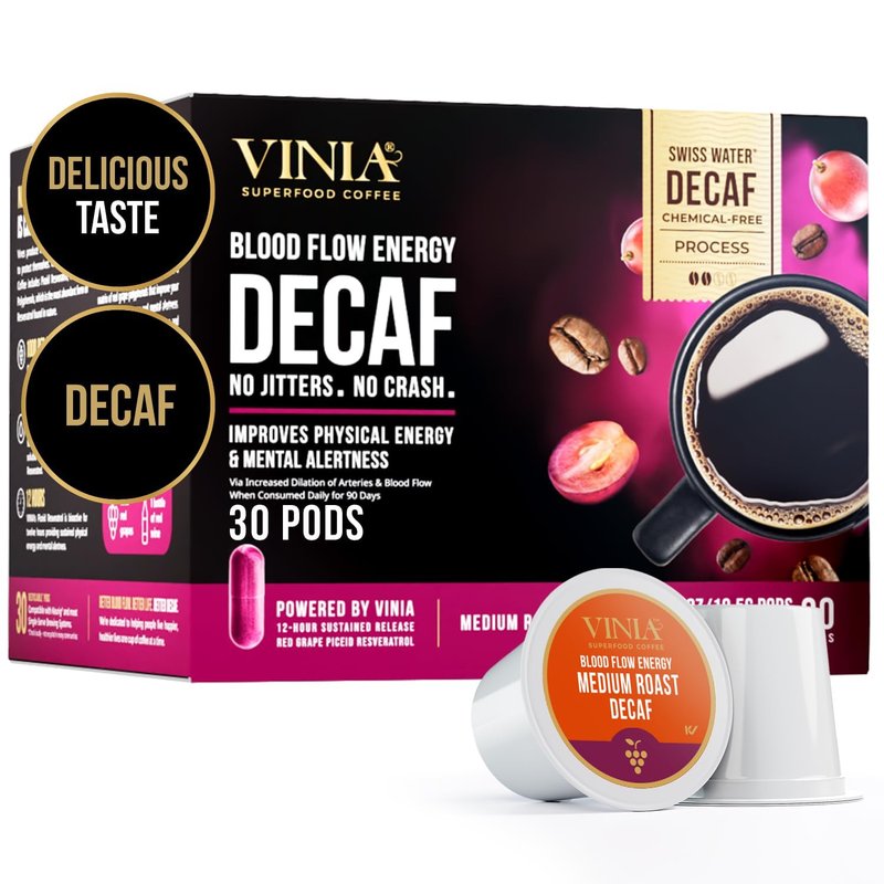 VINIA Decaf Medium Dark Roast Coffee with Red Grape Piceid Resveratrol, Nitric Oxide for Heart Health, Alertness, Physical Energy & Blood Flow Circulation. 30ct K-Cup Pods