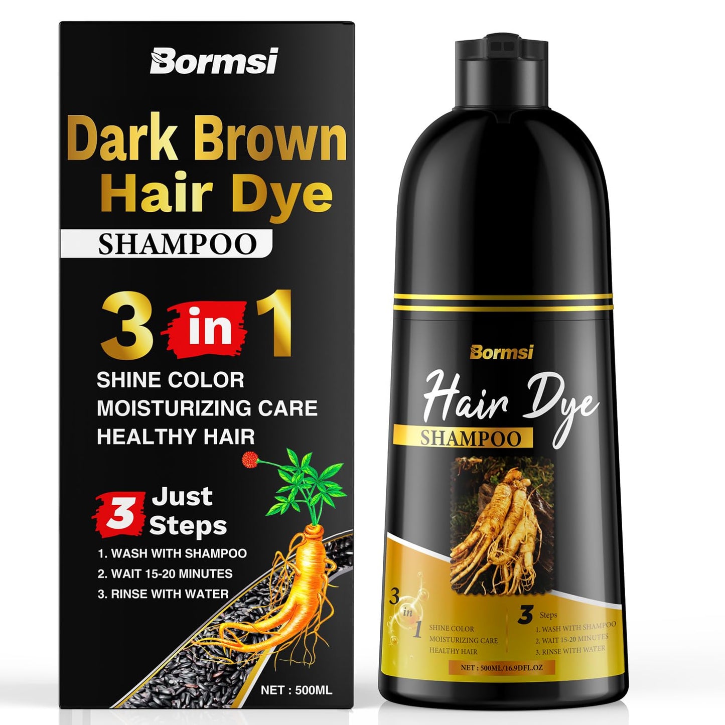 Dark Brown Hair Dye Shampoo 3 in 1 with Herbal Natural Ingredients, Hair Color Shampoo for Women or Men for Instant Gray Hair Coverage, Lasting 30 Days, Champu Para Canas Mujer, Ammonia Free (500ml)