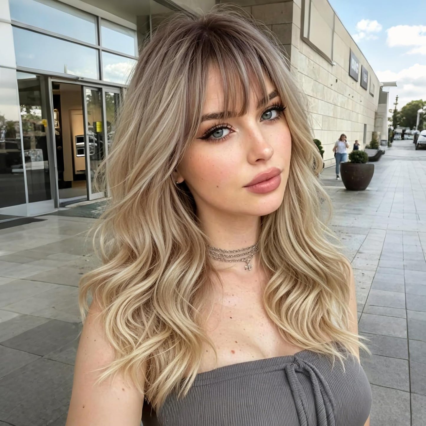 Black Wig with Bangs - 4x4 Realistic Scalp Layered Wavy Synthetic Wig | 18 Inch Natural Look for Daily Use