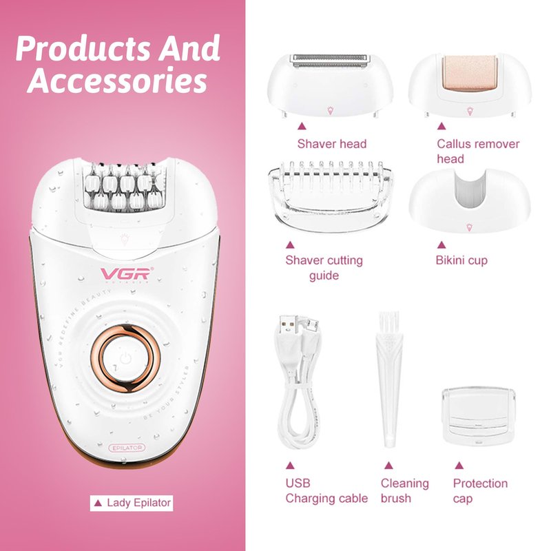 VGR 739 Epilator for Women 3 in 1 Cordless Hair Removal Device USB Rechargeable Electric Epilator with LED Light 2 Speeds Waterproof Shaver and Epilator for Legs Arms Underarms Bikini