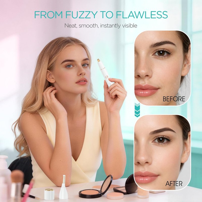 VOGOE Eyebrow Trimmer for Women, 3-in-1 Electric Eyebrow Razor & Facial Hair Remover, Painless Rechargeable & Portable for Brows, Peach Fuzz, Lips and Chin (White)
