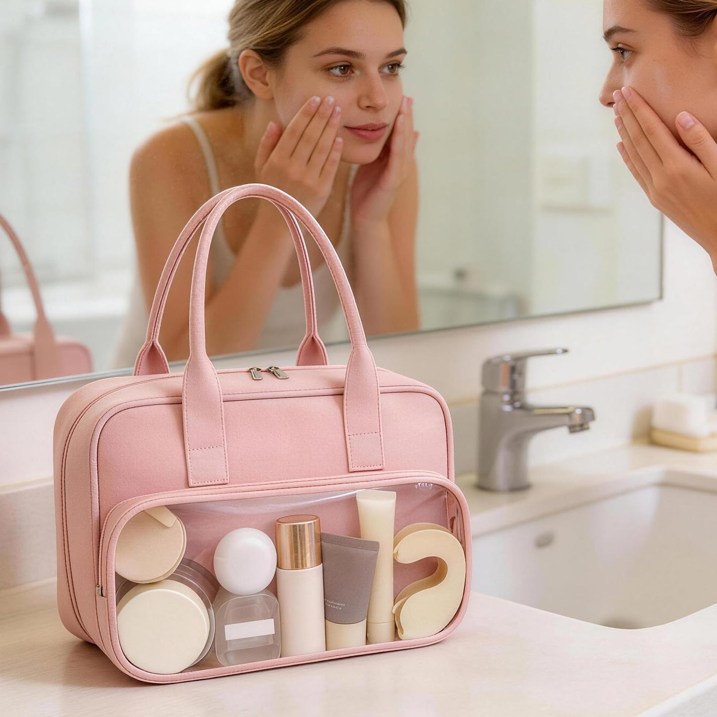 SODEER Toiletry Bag with Clear Window,Lightweight Travel Makeup Organizer with Handle,Ita Bag Style for Cosmetics & Pins,Pink