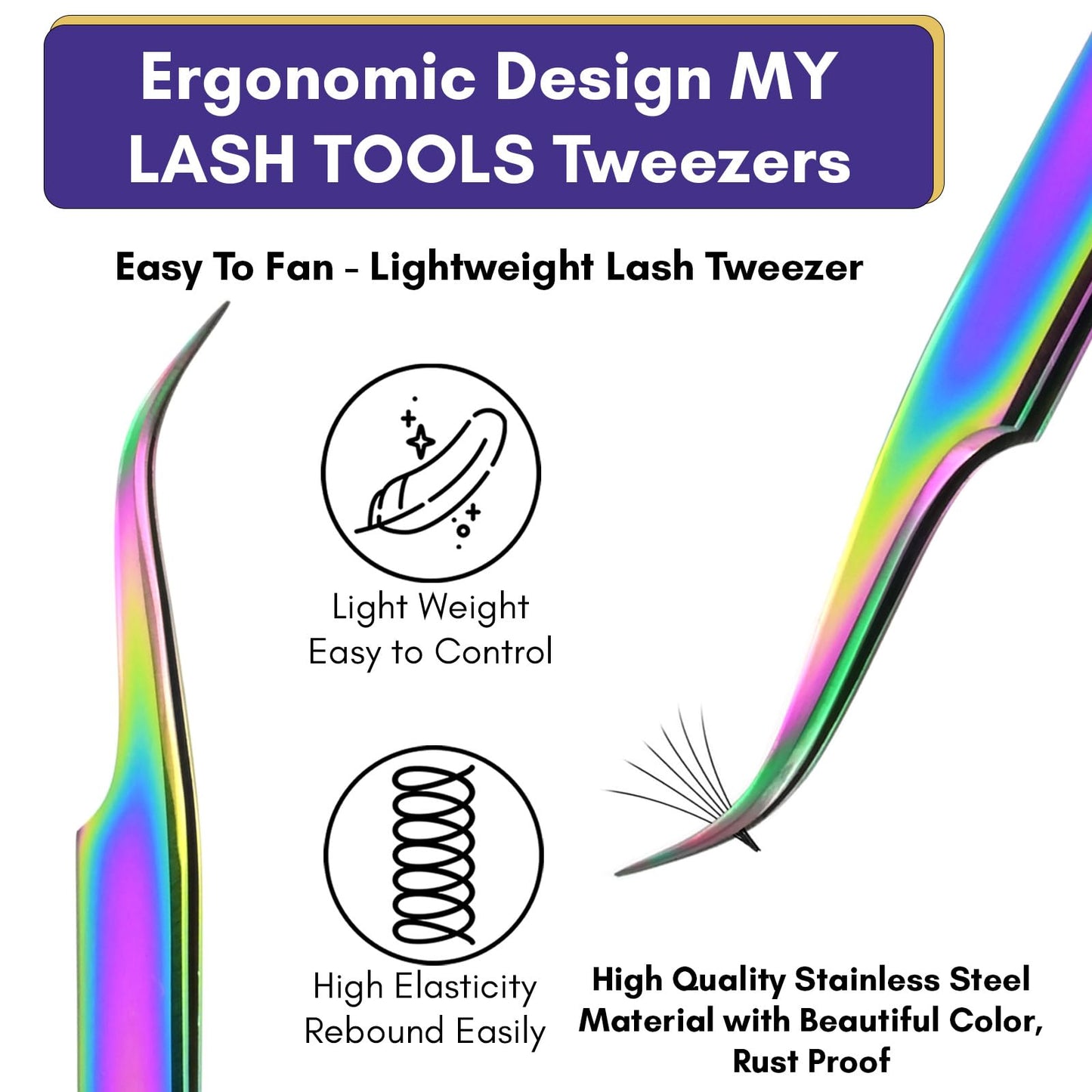 My Lash Tools Lash Tweezers For Eyelash Extensions Precision Fiber Tip Tweezers For Lash Extensions Mega Volume Lash Tweezer | Professional Stainless Steel Lashing Tweezers (Dot Grip Rainbow)