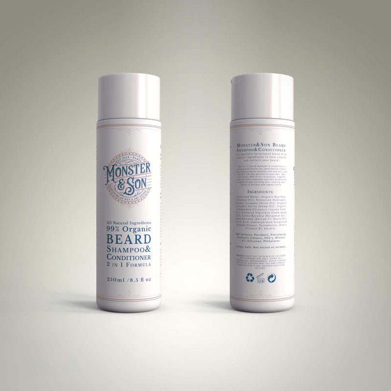 Monster&Son Organic Beard Shampoo & Conditioner 2 in 1 - Beard Wash with Conditioning For Men - Gentle Face Cleanser For Sensitive Skin - Hypoallergenic, Paraben & Sulphate Free - Long Lasting 250ml