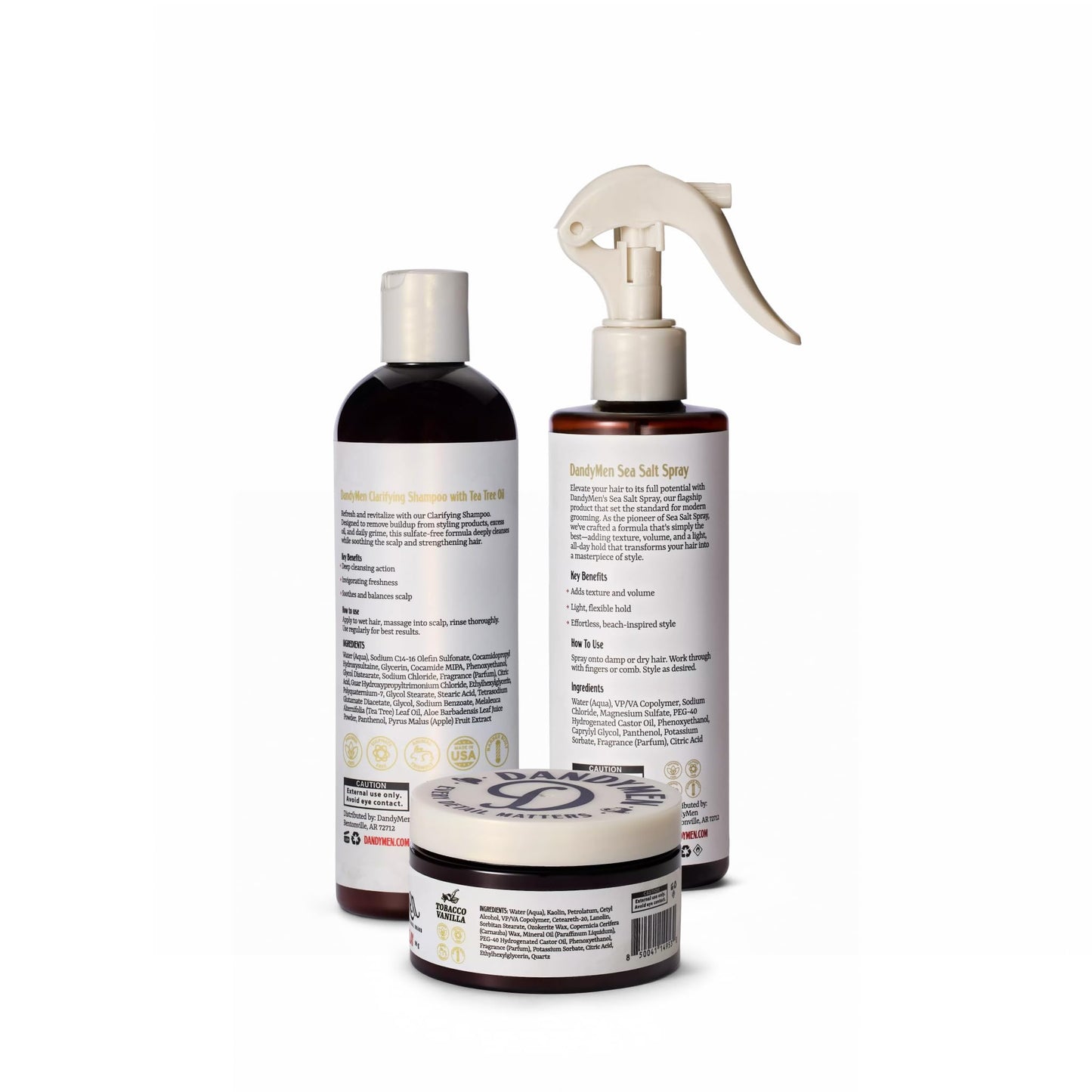 DandyMen Full Volume Hair Set for Men – Thickening Shampoo, Sea Salt Spray & Grooming Clay – 3-Step Styling Kit for Volume, Texture & Hold (Saffron Ember)