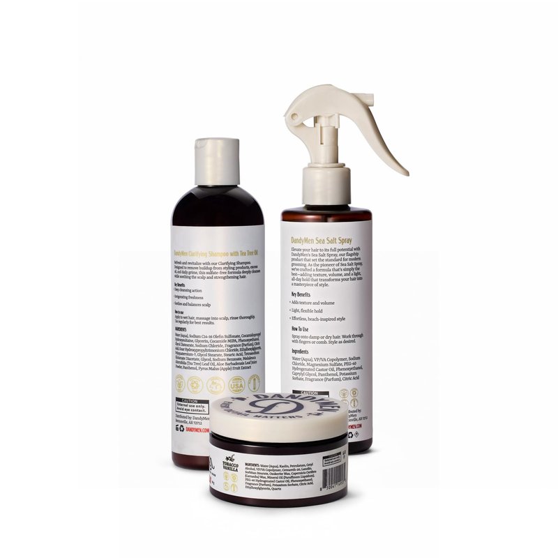 DandyMen Full Volume Hair Set for Men – Thickening Shampoo, Sea Salt Spray & Grooming Clay – 3-Step Styling Kit for Volume, Texture & Hold (Saffron Ember)