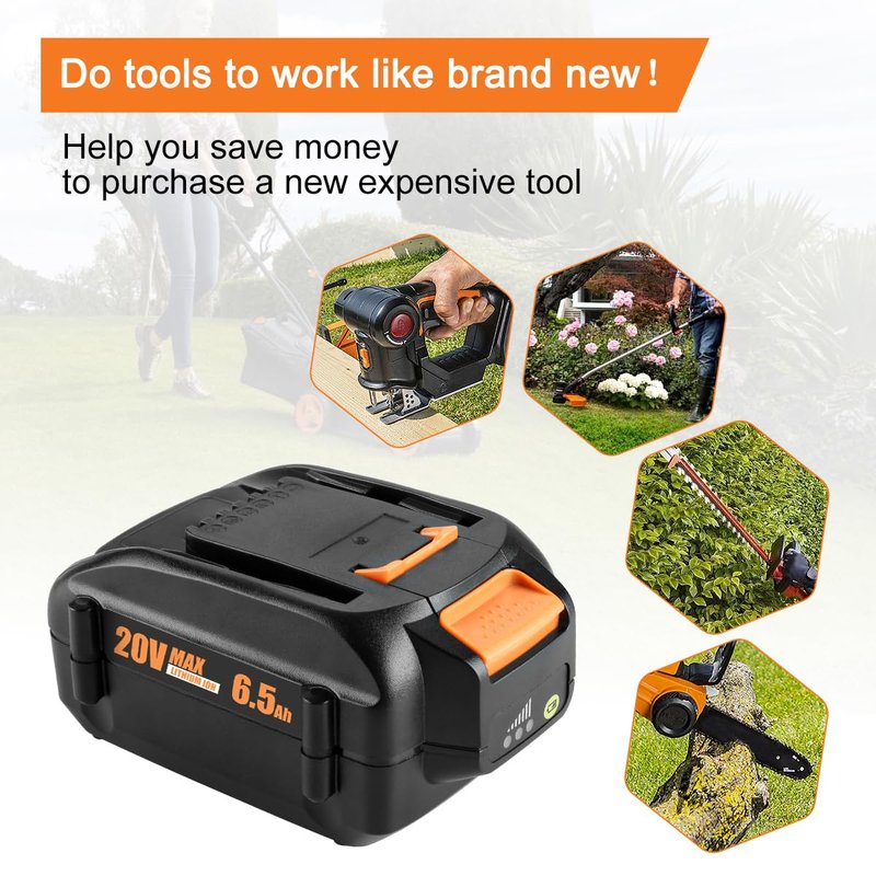 Ahomtikk 20V 6.5Ah High-Capacity Battery Replacement for Worx Battery 20V PowerShare WA3578 WA3674 WA3575 WA3525 WA3520 WG155s WG251s WG890 WG891 Compatible with Worx 20 Volt Cordless Tools (2 Pack)