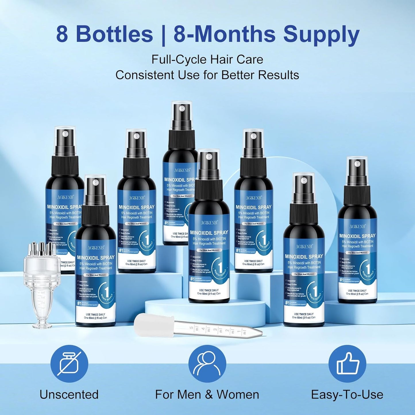 Minoxidil Spray for Hair & Beard Regrowth - 5% Extra Strength, Biotin Infused | 8 Pack, 8 Month Supply
