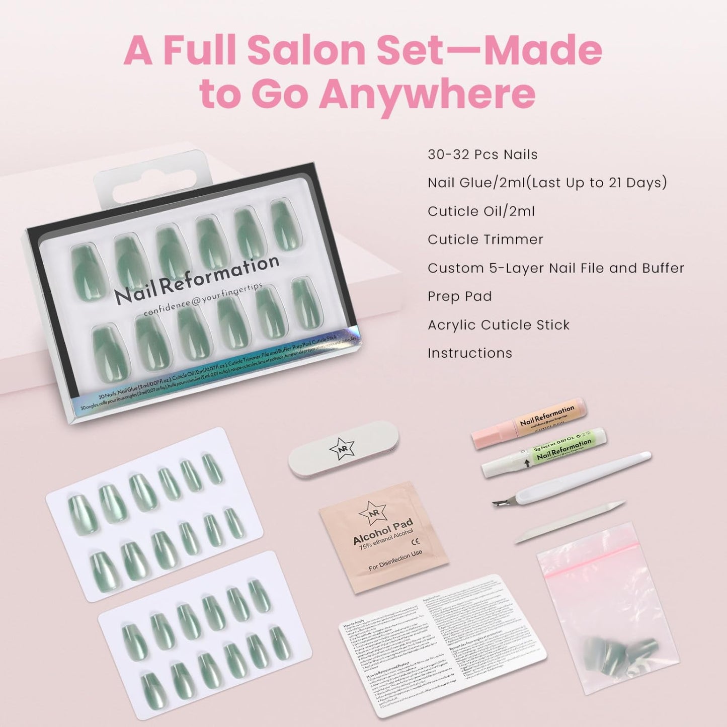 Nail Reformation Press On Nails, Tropicool | Green Short Coffin Fake Nails with Velvet Cat Eye in Glossy Finish, Salon Quality, Reusable Stick On Nails in 15 Sizes - 30 Nail Kit, Gifts for Women