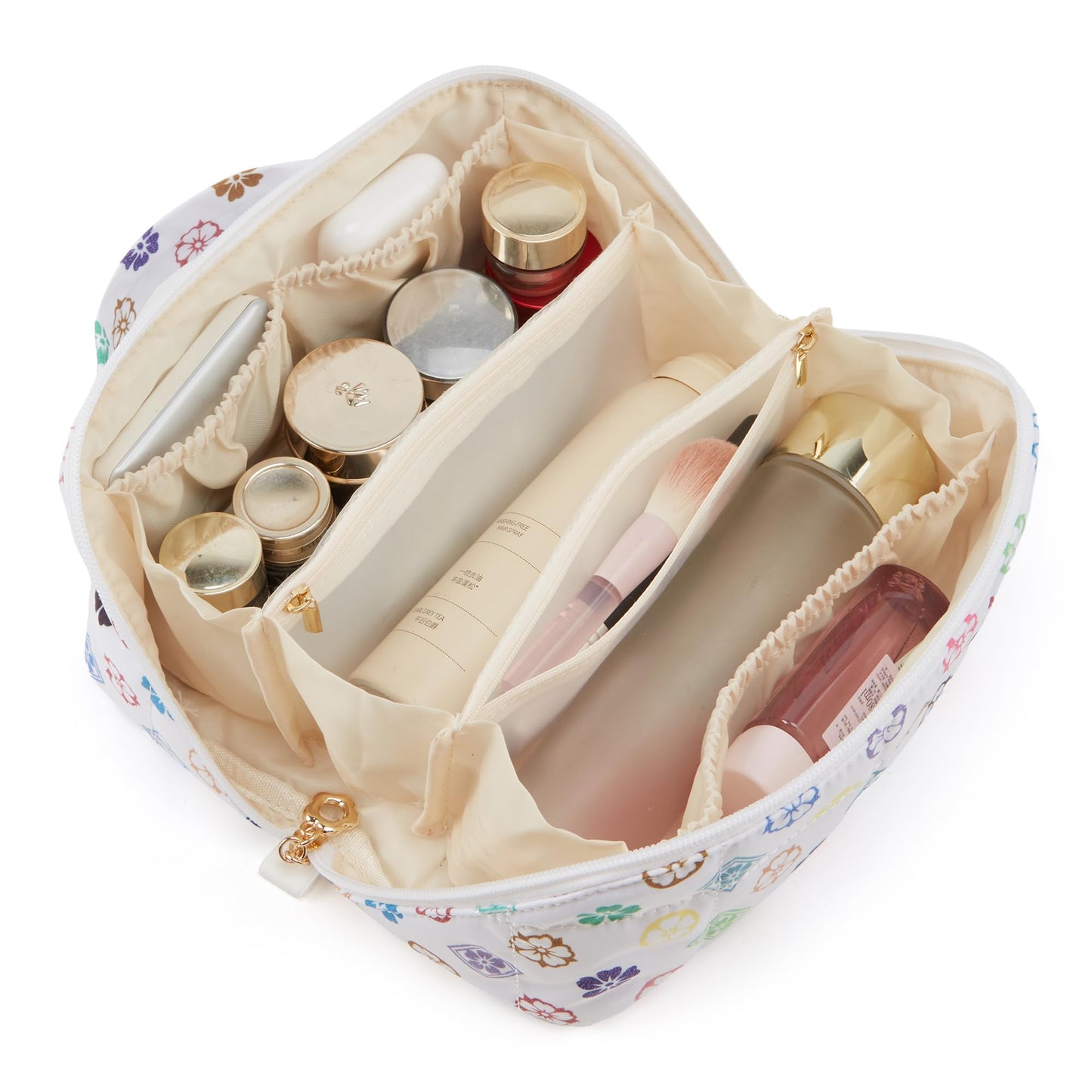 YTL Travel Makeup Bag, Puffer Cosmetic Bag for Women, Waterproof Puffy Padded Make Up Bags, Flat Open Portable Organizer Case Toiletry Bag Pouch Purse for Skincare, Brushes & Travel Essentials