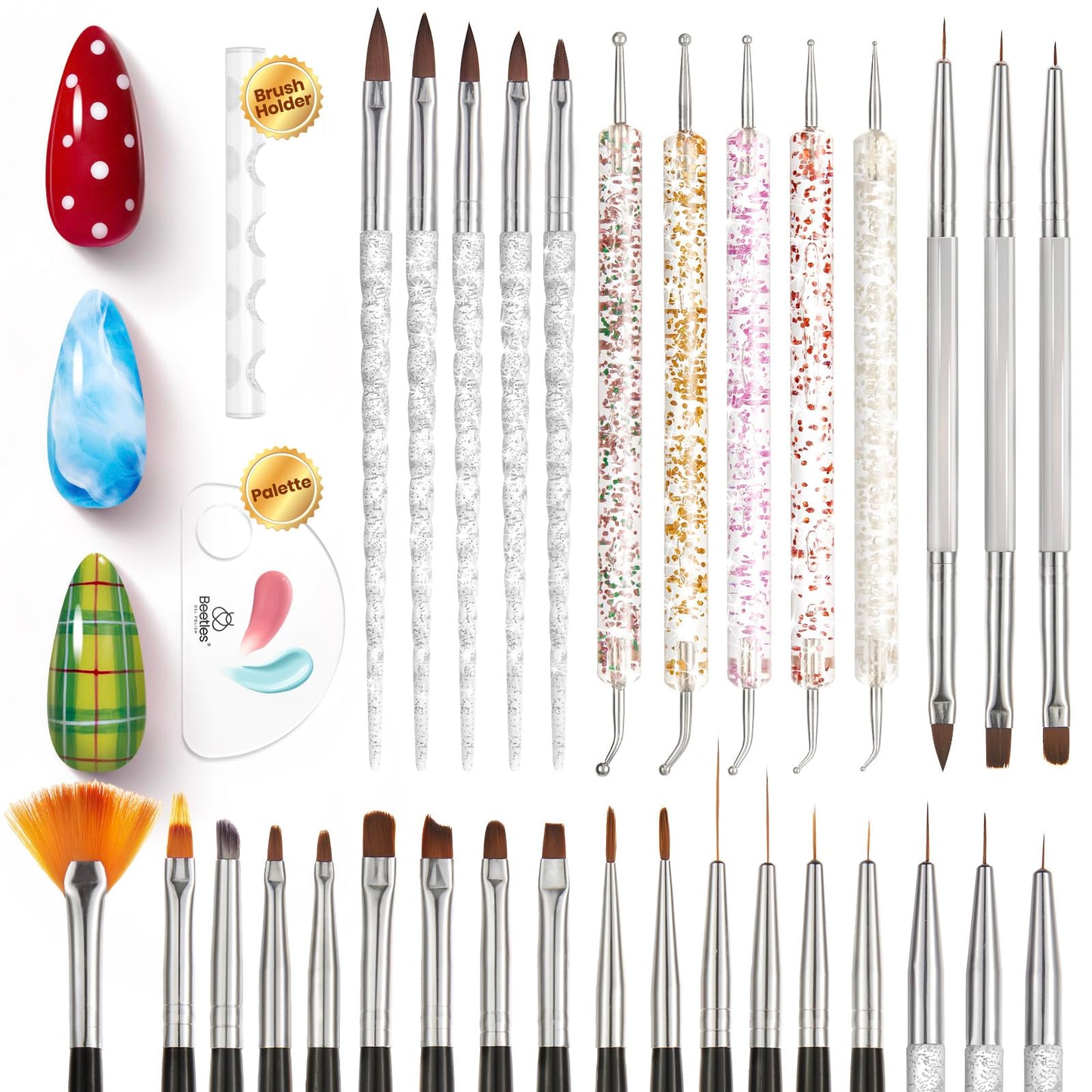 Beetles 31pcs Nail Art Brushes, Dotting Tools, Nail Art Pens, Dust Brush, Striping Liner Fingernail Drawing Pens with Palette Holder Metal Handle All in One for Starter Manicure Design Set