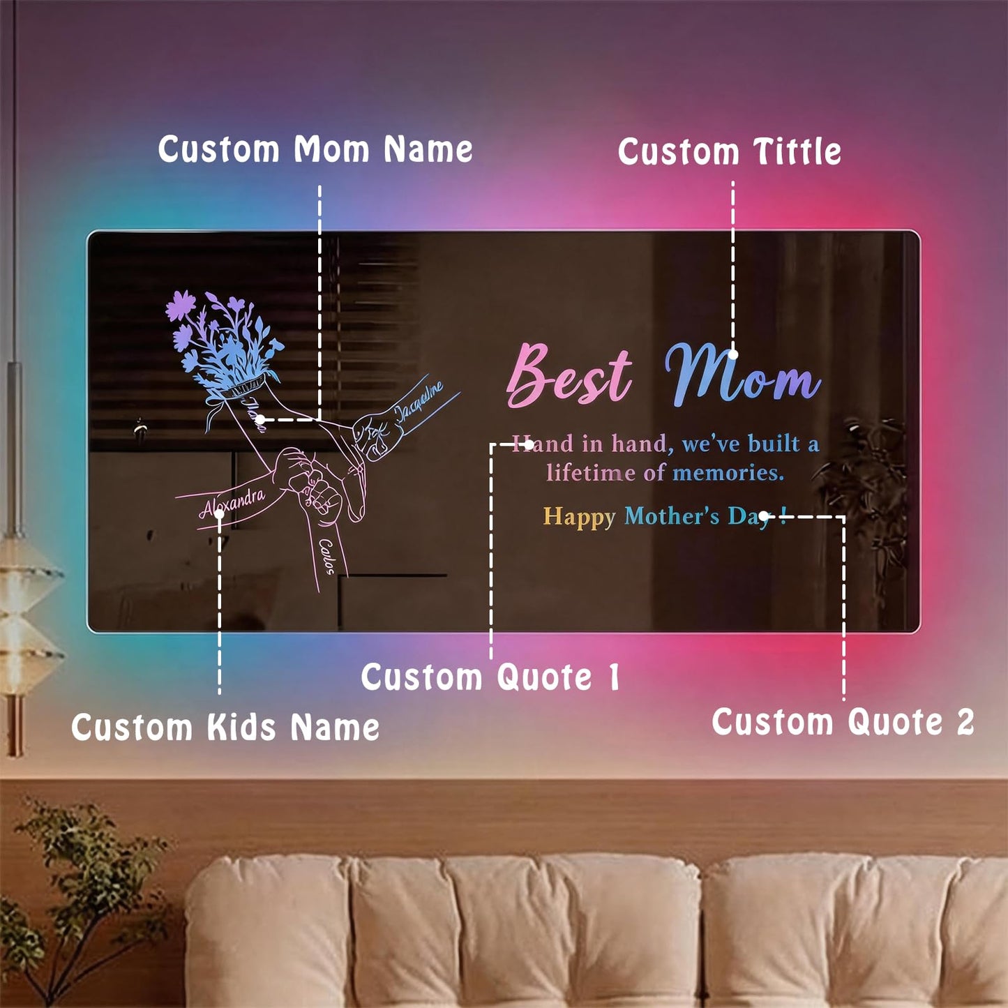 LogaPresent Hand in Hand Personalized Mom and Kids' Hands Mirror Light Custom Mommy Holding Hands Mirror with Kids Names for Mom Nana Grandma Mothers Day (Mirror-5)