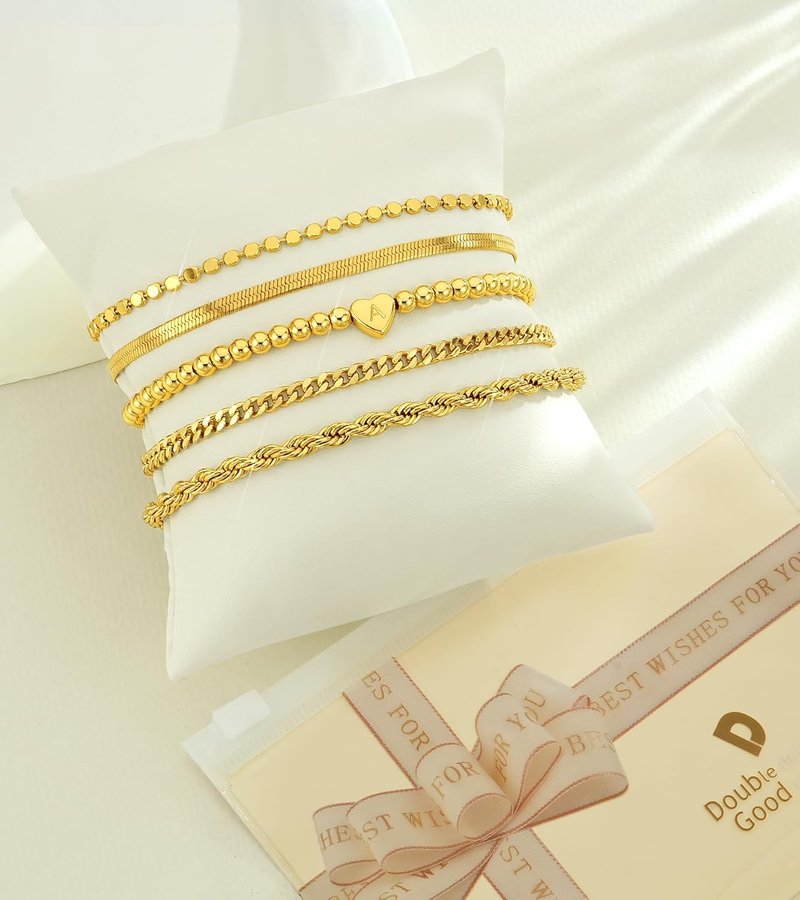 Gold Bracelets for Women - 14K Gold Plated Stackable Waterproof Set | Dainty Adjustable Heart Initial Charm Jewelry